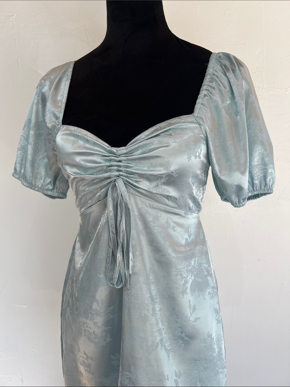 Altar'd State Light Blue Satin Puff Sleeve Ruched Mini Dress milkmaid babydoll - Picture 2 of 8